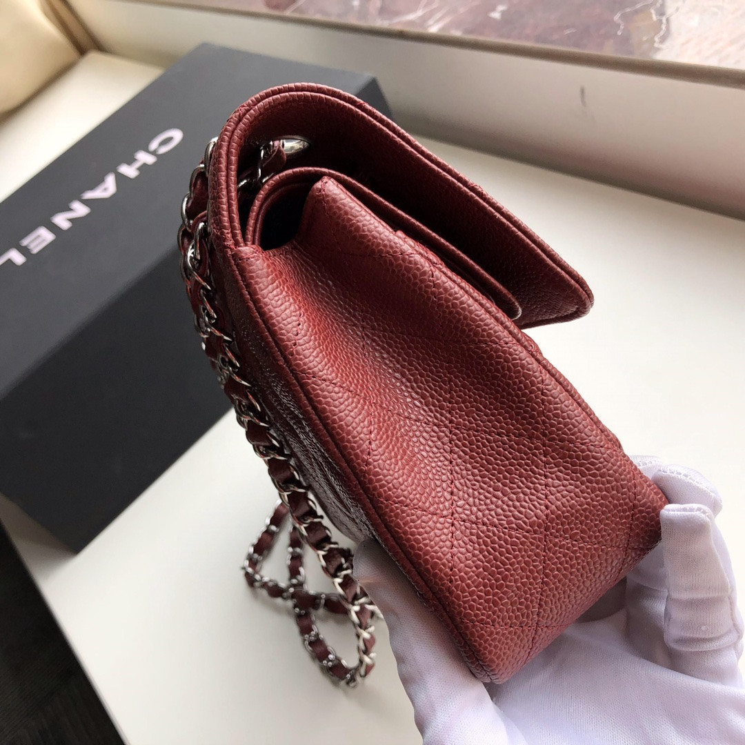 Ch**el CLASSIC HANDBAG GRAINED CALFSKIN & SILVER-TONE METAL red 6 × 9.9 × 2.5 in