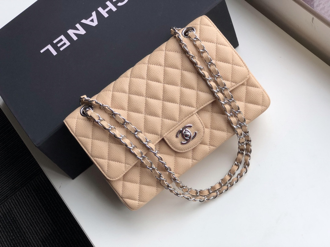 Ch**el CLASSIC HANDBAG GRAINED CALFSKIN & SILVER-TONE METAL COFFEE 6 × 9.9 × 2.5 in