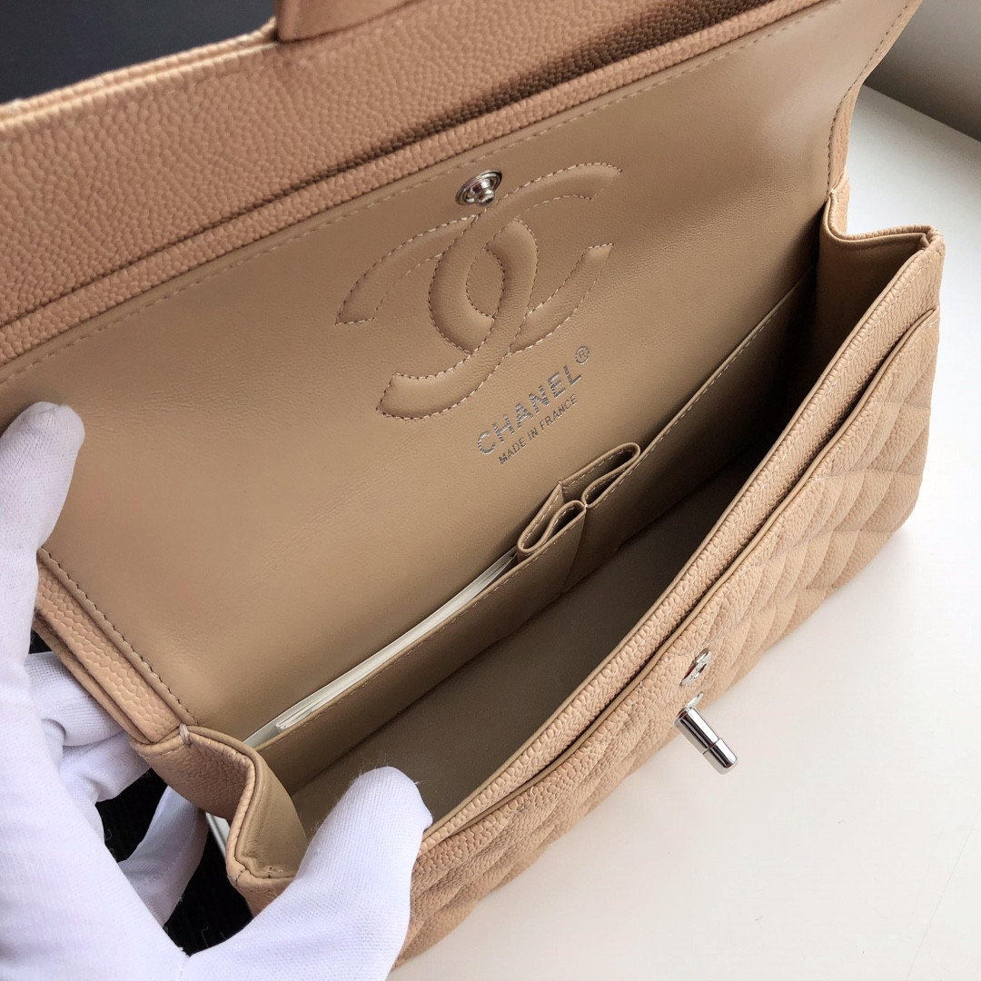 Ch**el CLASSIC HANDBAG GRAINED CALFSKIN & SILVER-TONE METAL COFFEE 6 × 9.9 × 2.5 in