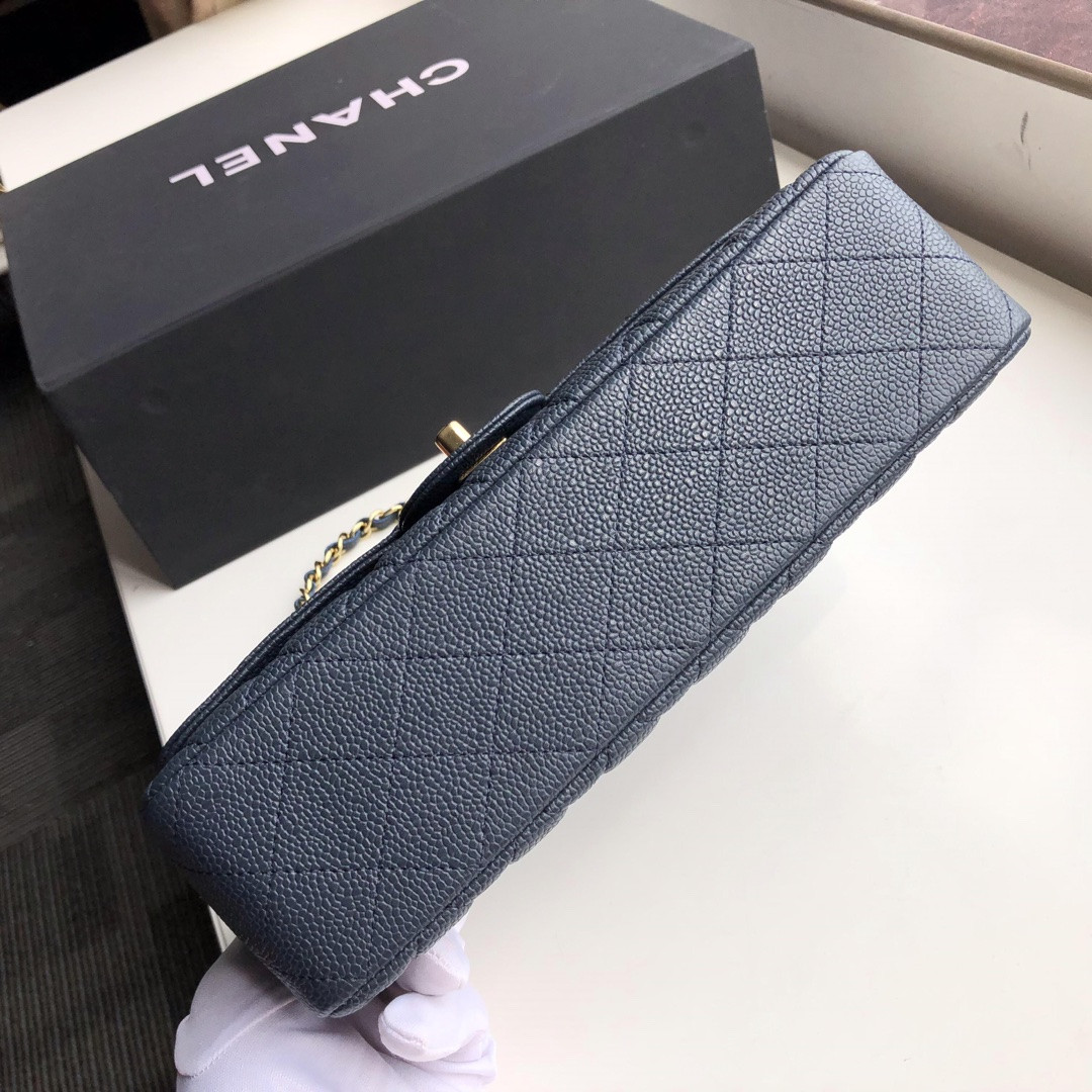 Ch**el CLASSIC HANDBAG GRAINED CALFSKIN & GOLD-TONE METAL NAVY 6 × 9.9 × 2.5 in