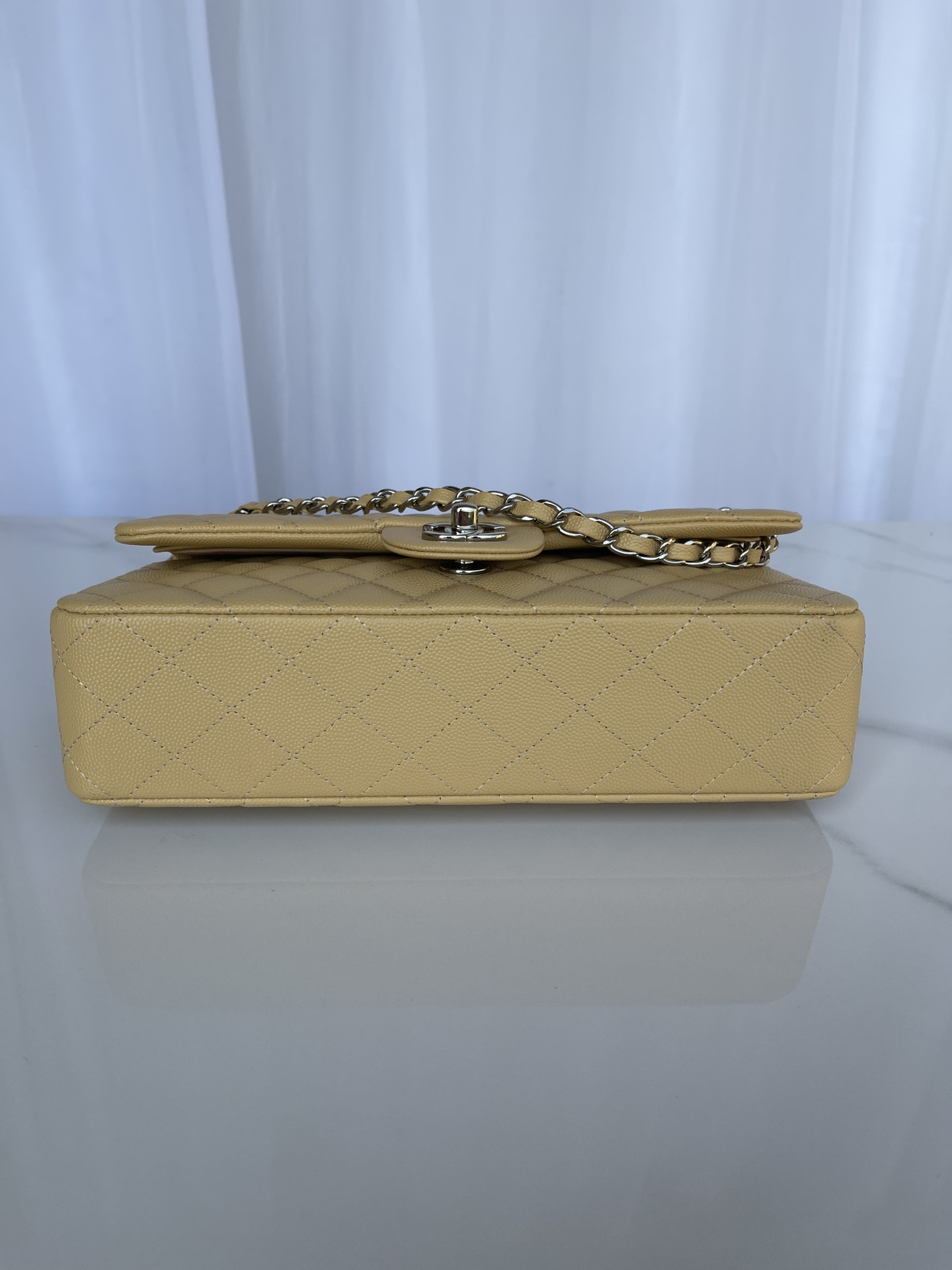 Ch**el CLASSIC HANDBAG GRAINED CALFSKIN & SILVER-TONE METAL YELLOW 6 × 9.9 × 2.5 in