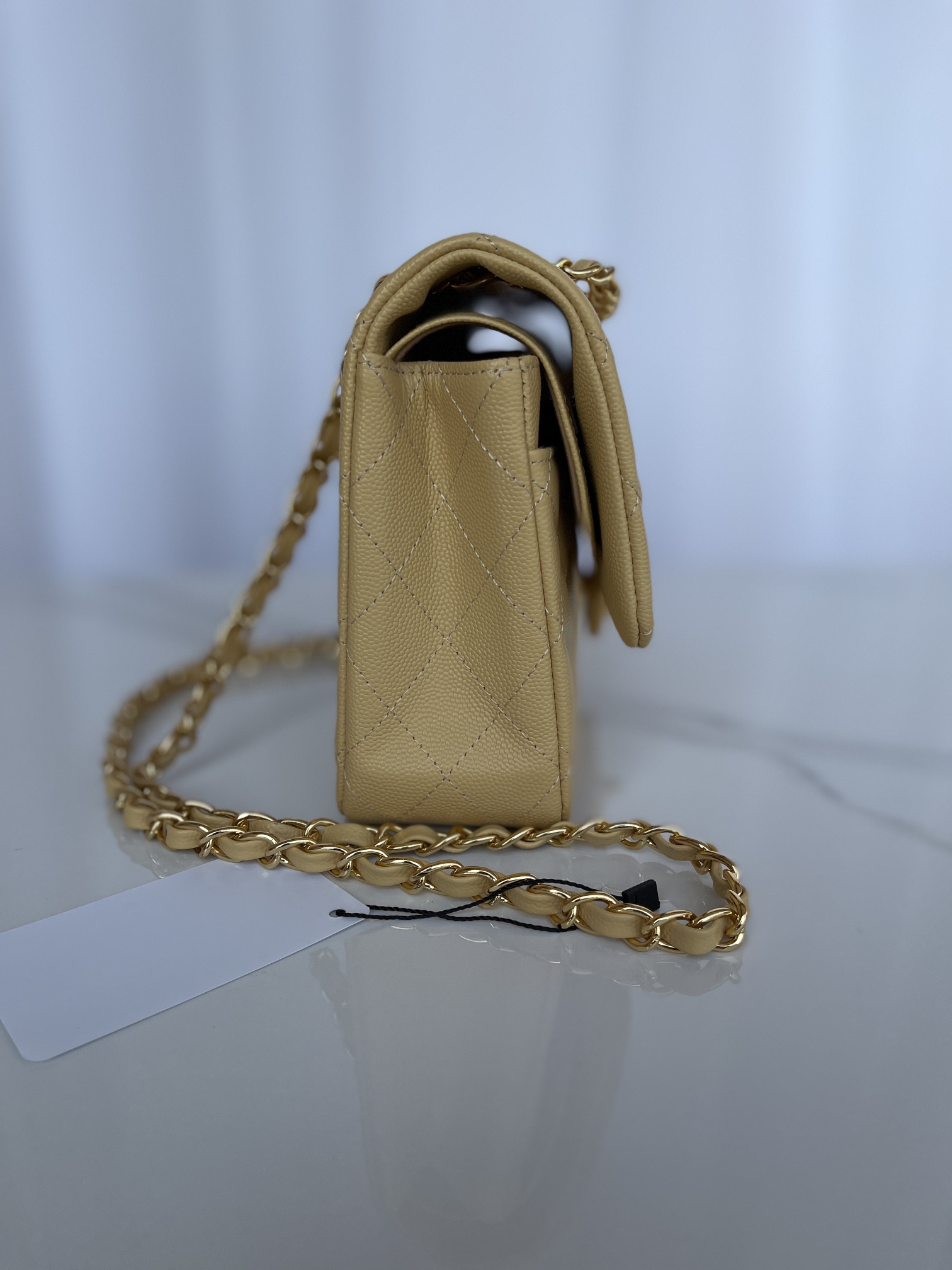 Ch**el CLASSIC HANDBAG GRAINED CALFSKIN & GOLD-TONE METAL YELLOW 6 × 9.9 × 2.5 in