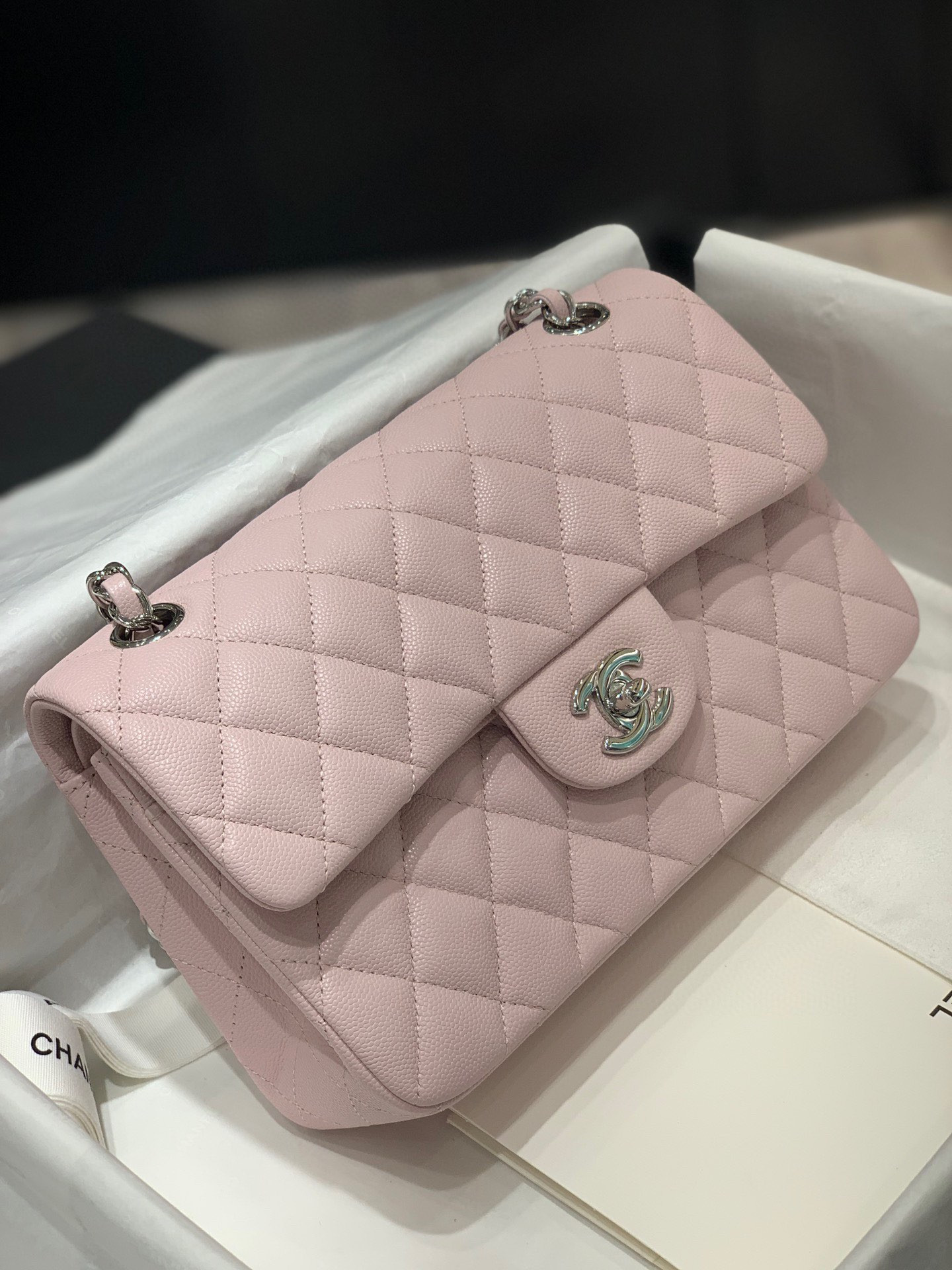 Ch**el CLASSIC HANDBAG Grained Calfskin & Silver-Tone Metal Pink 6 × 9.9 × 2.5 in