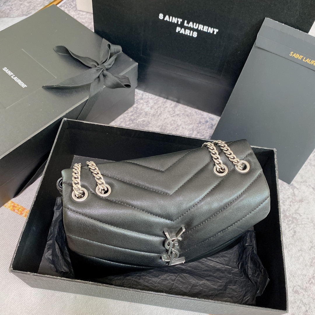 Y51 LOULOU SMALL IN QUILTED LEATHER BLACK SILVER 9 X 6.1 X 3.3 INCHES