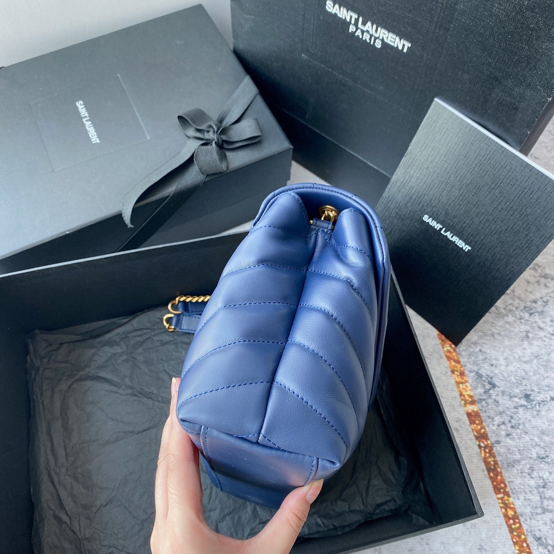 Y51 LOULOU SMALL IN QUILTED LEATHER BLUE GOLD 9 X 6.1 X 3.3 INCHES