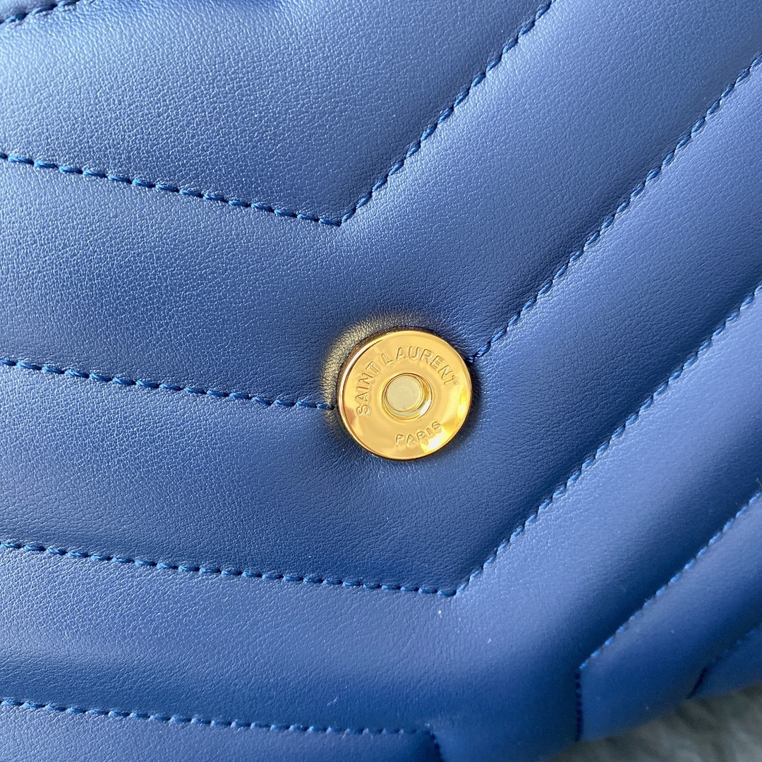 Y51 LOULOU SMALL IN QUILTED LEATHER BLUE GOLD 9 X 6.1 X 3.3 INCHES