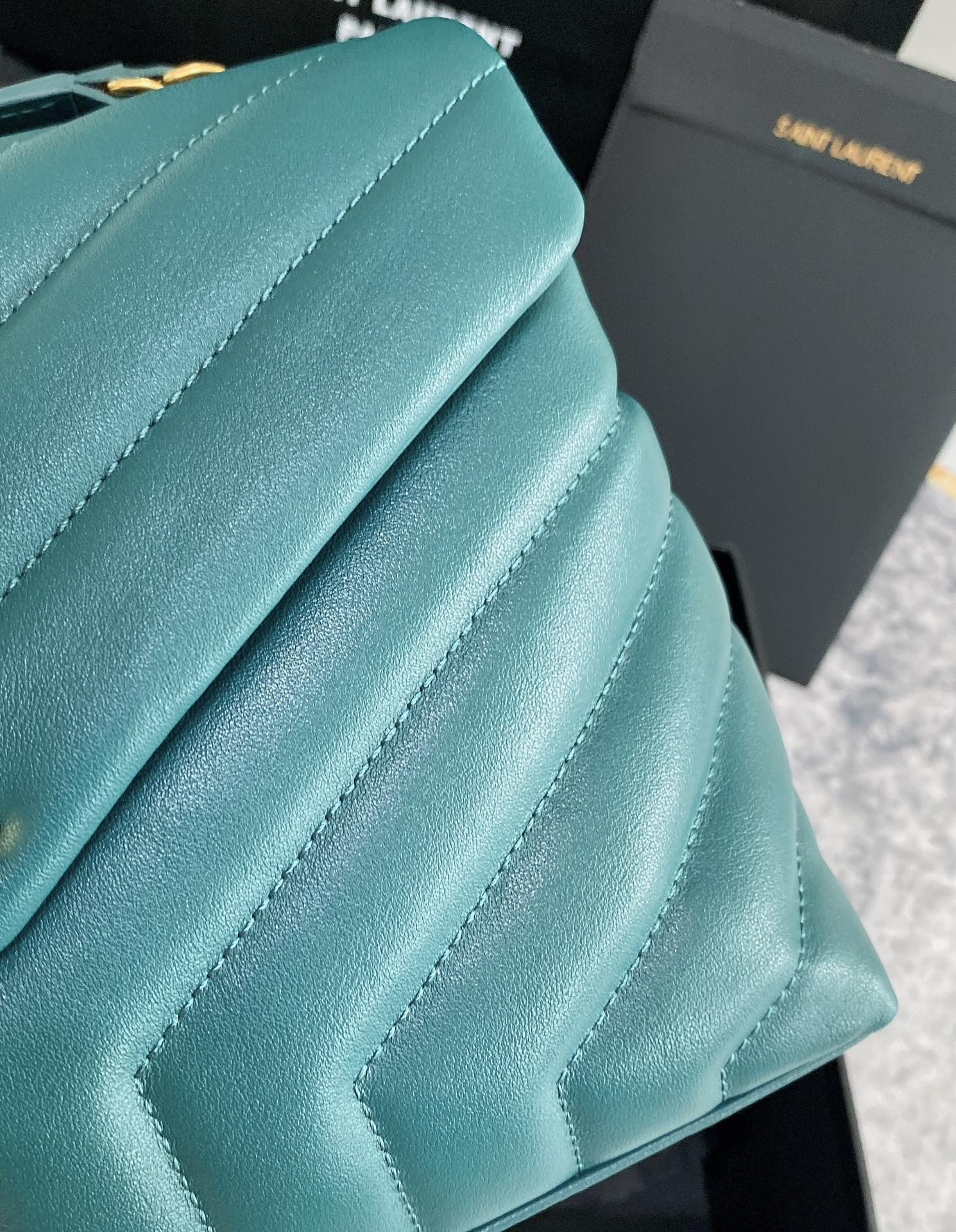 Y51 LOULOU SMALL IN QUILTED LEATHER BLUE GOLD 9 X 6.1 X 3.3 INCHES