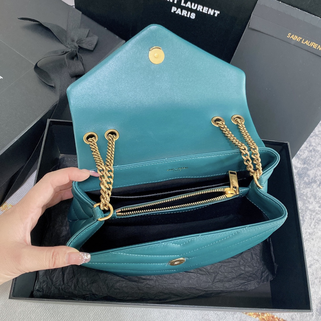 Y51 LOULOU SMALL IN QUILTED LEATHER BLUE GOLD 9 X 6.1 X 3.3 INCHES