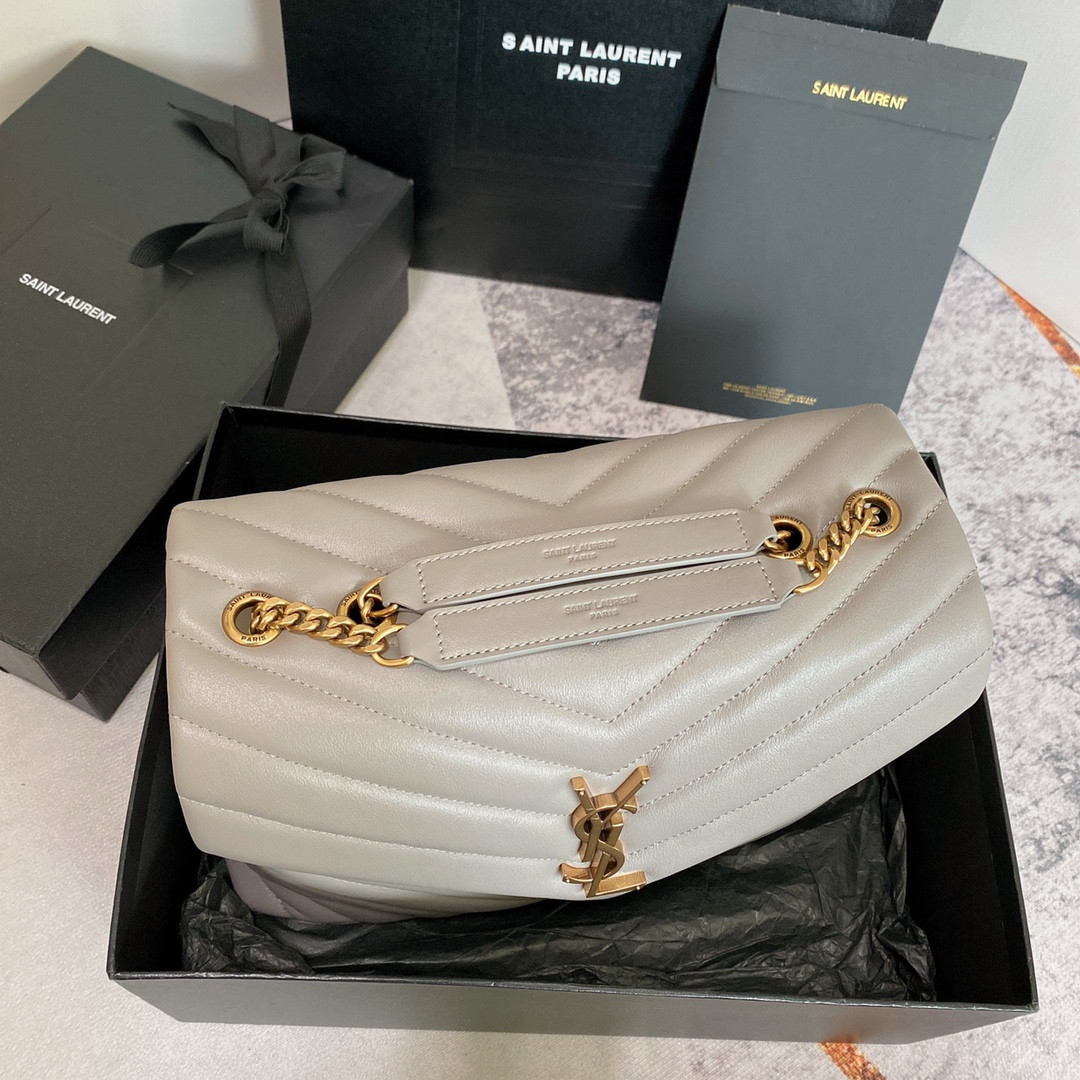 Y51 LOULOU MEDIUM IN QUILTED LEATHER GREYISH BROWN 12.5 X 8.6 X 3.5 INCHES