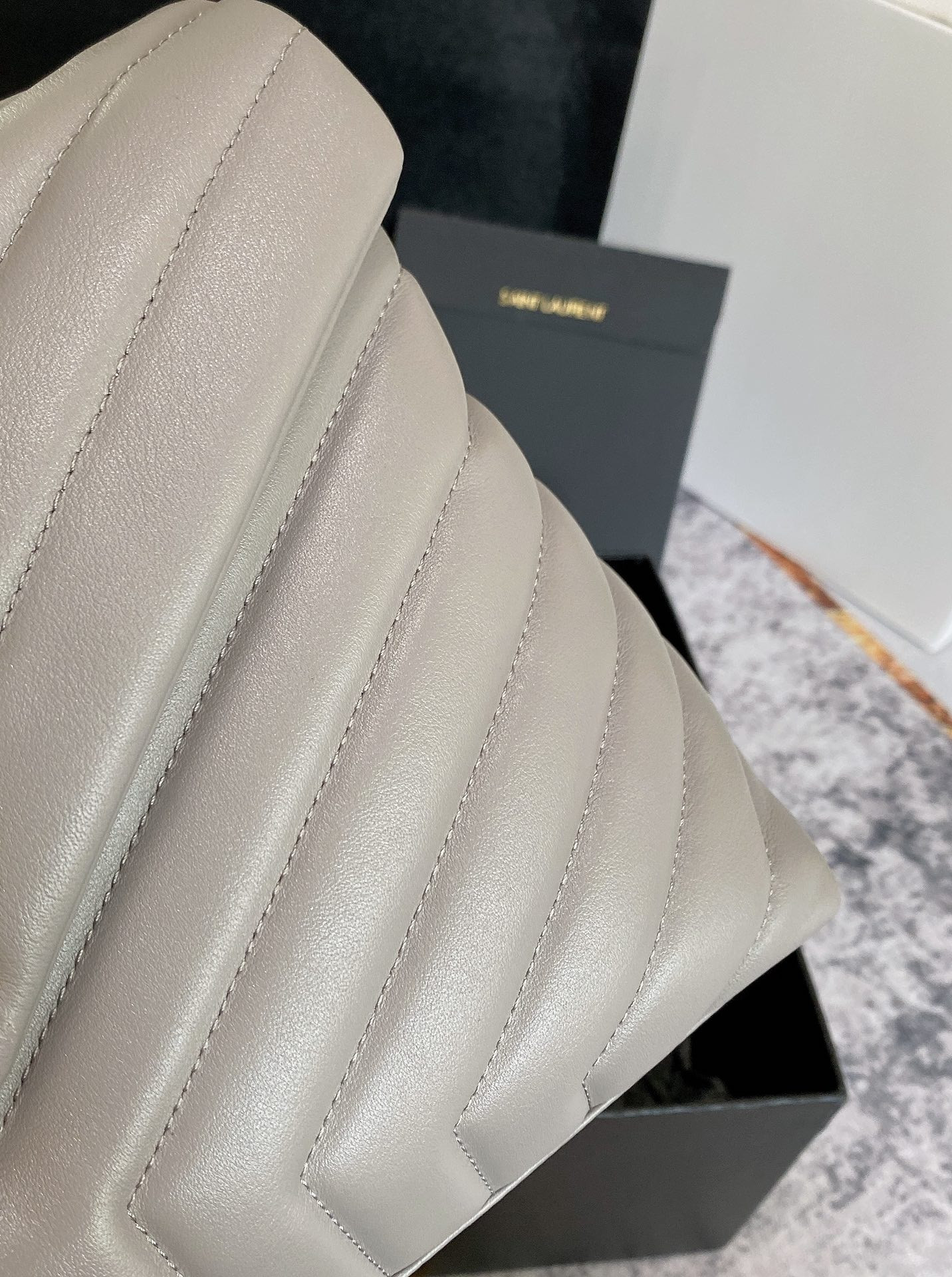 Y51 LOULOU MEDIUM IN QUILTED LEATHER GREYISH BROWN 12.5 X 8.6 X 3.5 INCHES