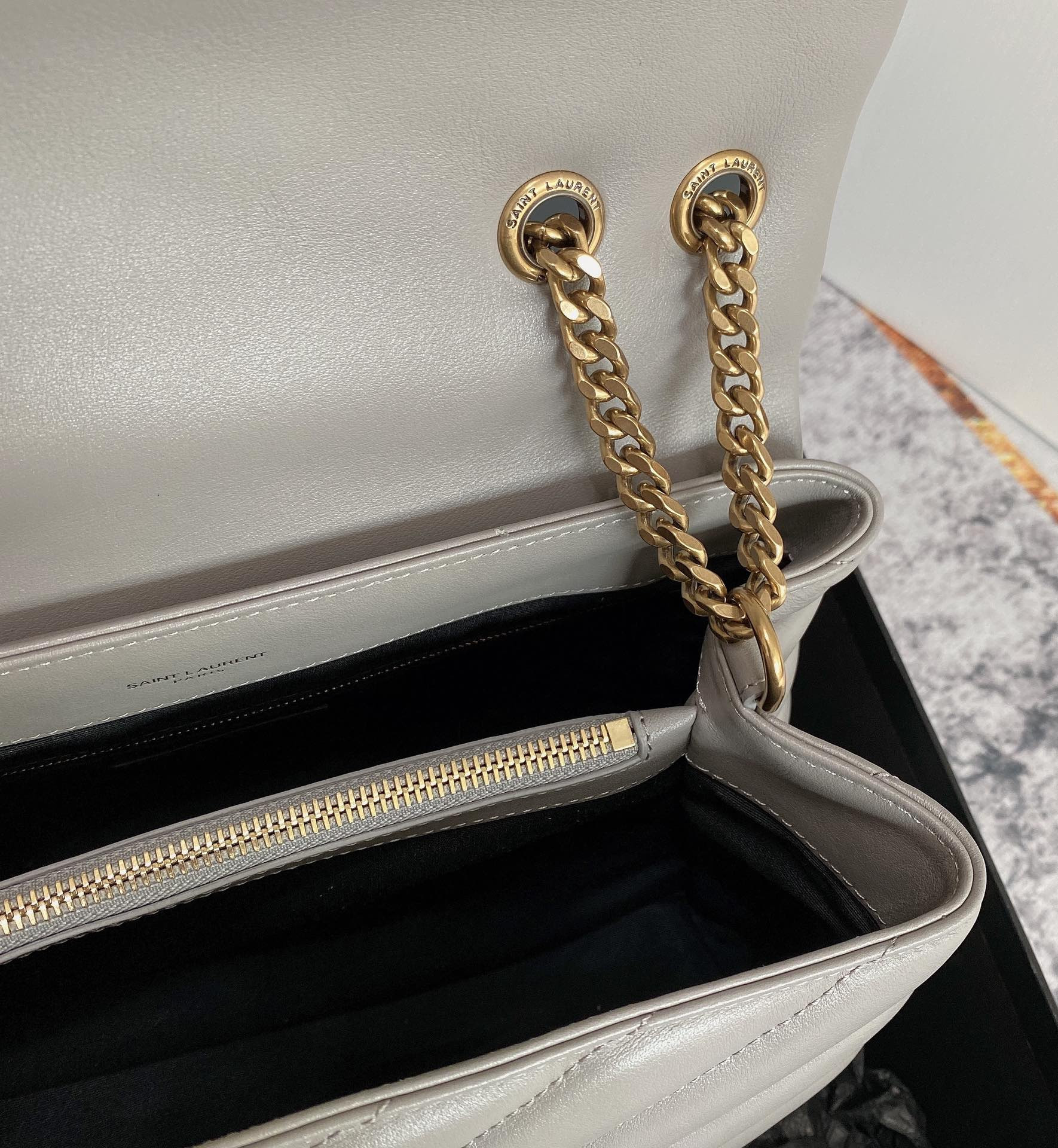 Y51 LOULOU MEDIUM IN QUILTED LEATHER GREYISH BROWN 12.5 X 8.6 X 3.5 INCHES