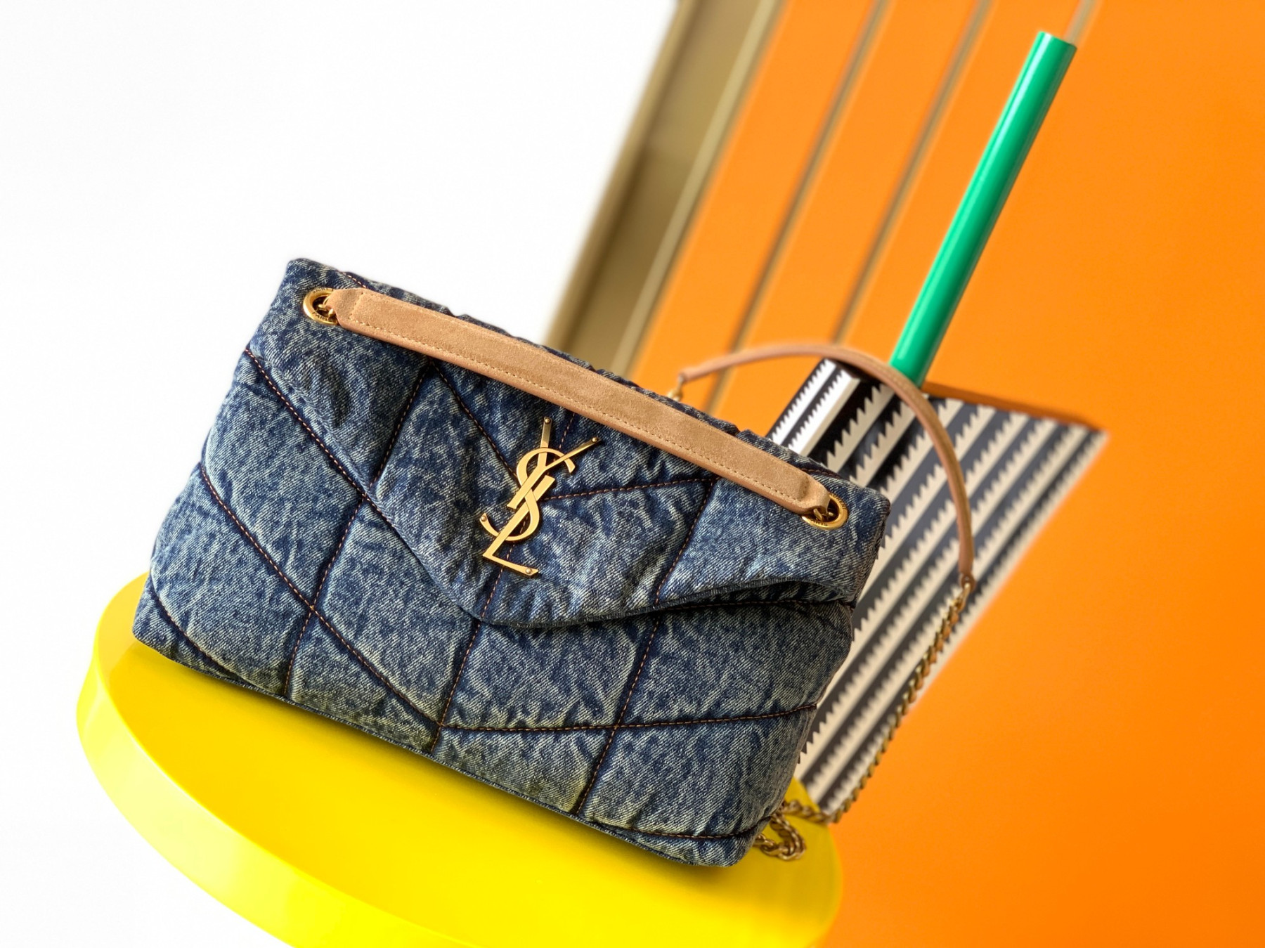 Y51 PUFFER SMALL IN SUEDE AND DENIM RODEO BLUE 11.4 X 6.6 X 4.3 INCHES