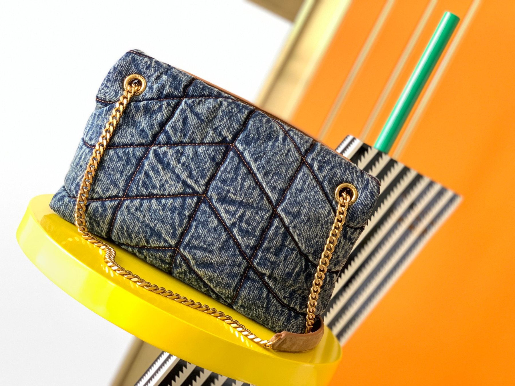 Y51 PUFFER SMALL IN SUEDE AND DENIM RODEO BLUE 11.4 X 6.6 X 4.3 INCHES