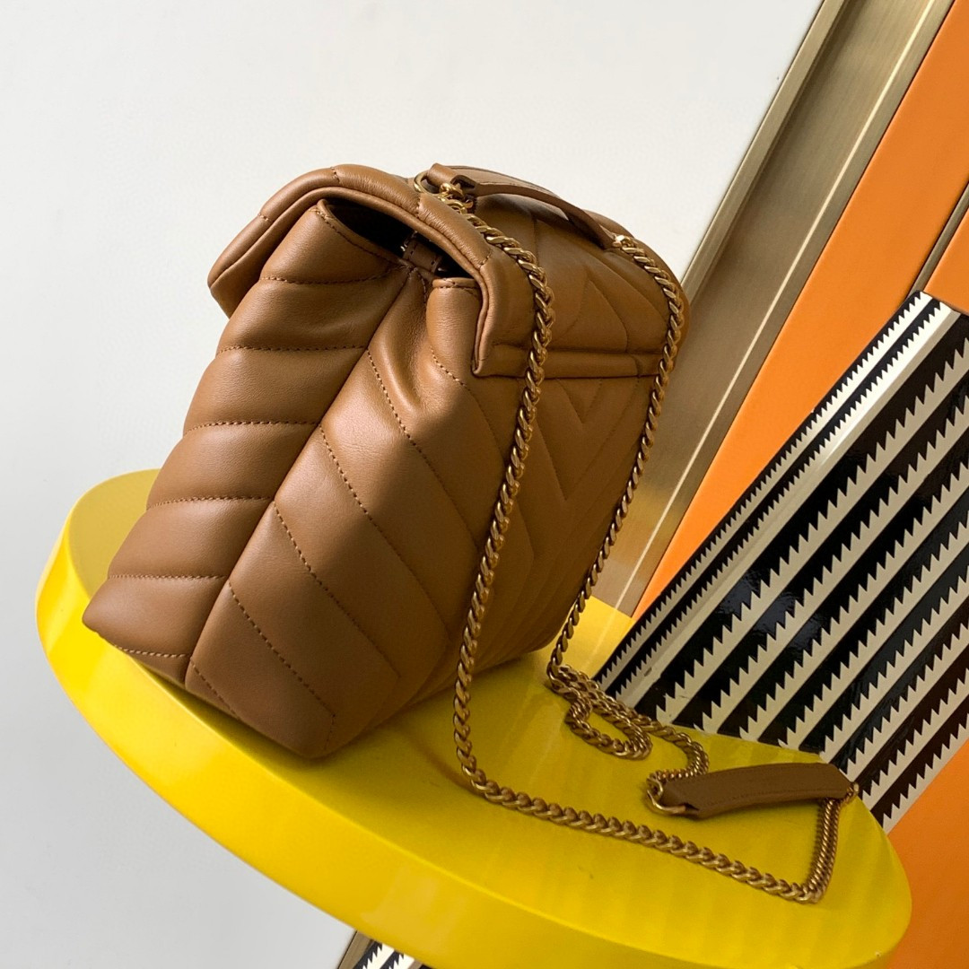 Y51 LOULOU SMALL IN QUILTED LEATHER BROWN 9 X 6.1 X 3.3 INCHES