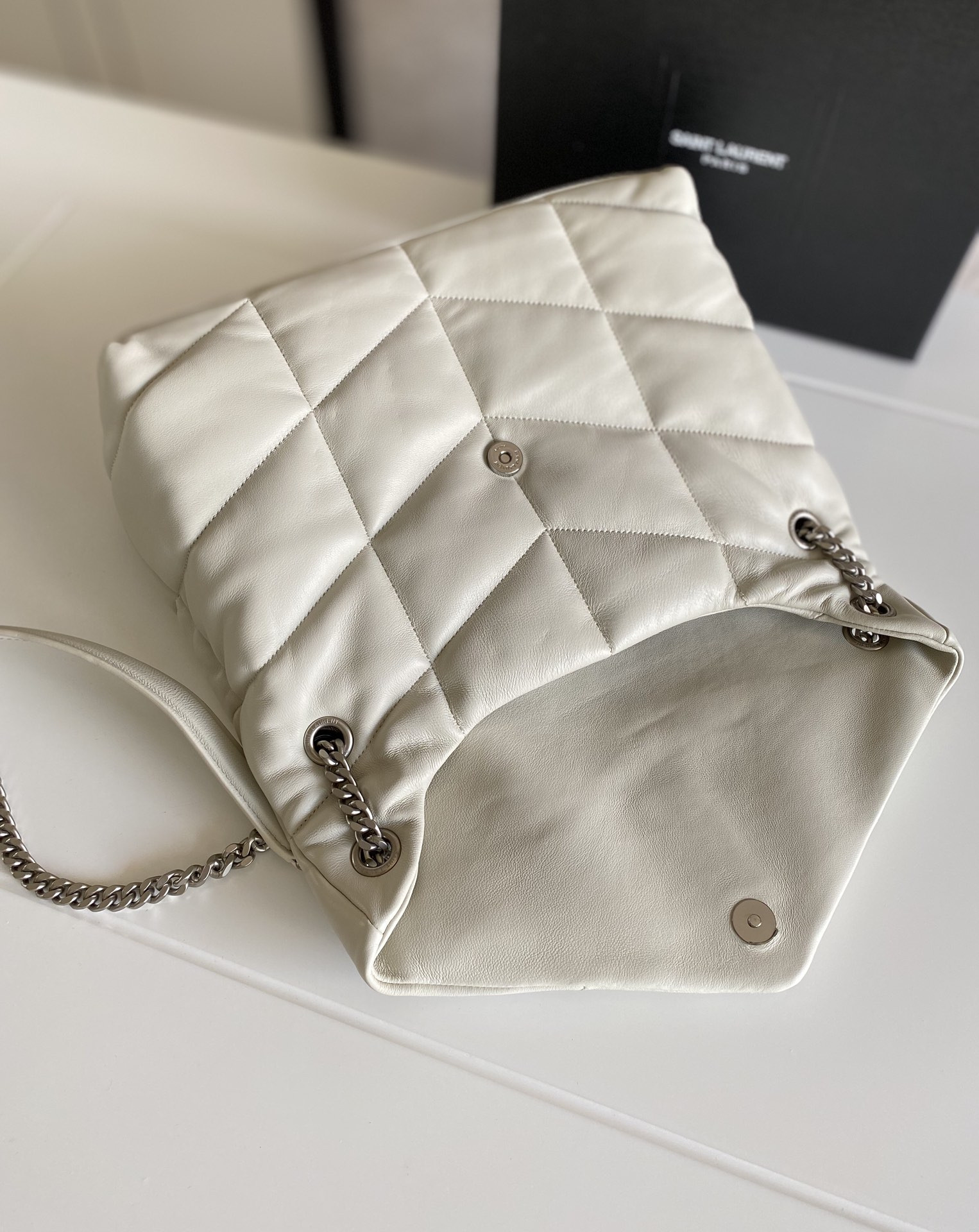 Y51 PUFFER MEDIUM IN NAPPA LEATHER WHITE SILVER 13.7 X 9 X 5.3 INCHES