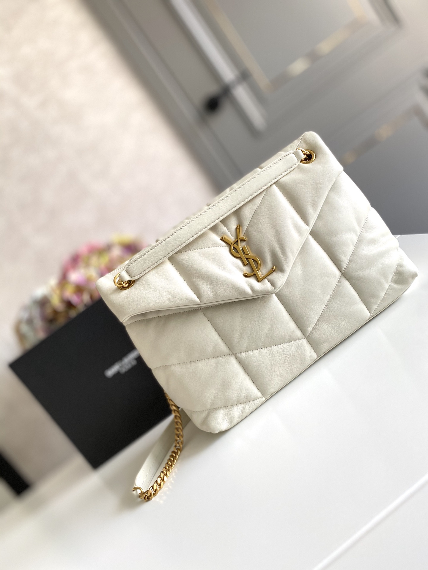 Y51 PUFFER MEDIUM IN NAPPA LEATHER WHITE 13.7 X 9 X 5.3 INCHES
