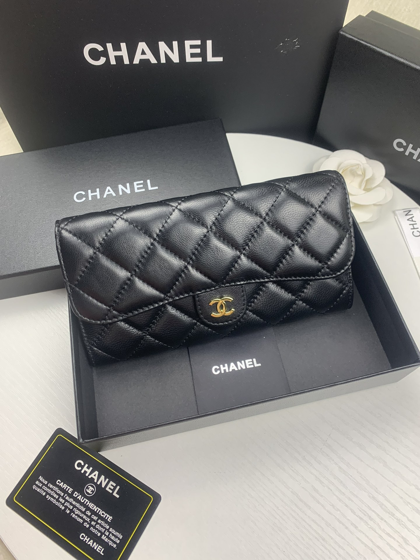 Ch**el FLAP WALLET BLACK 19.5 x10 cm