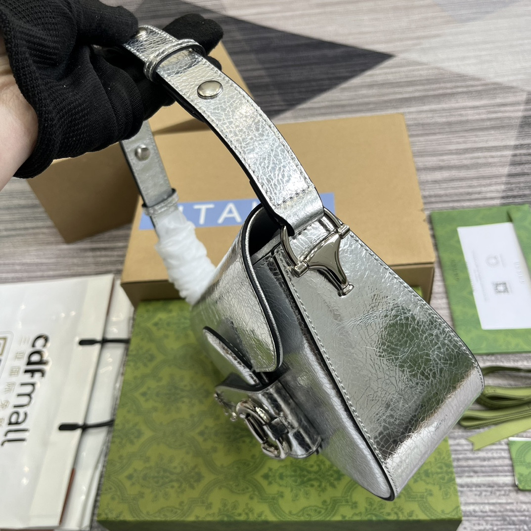 Gvc*1 HORSEBIT 1955 SMALL SHOULDER BAG Metallic silver 10.4"W x 6.7-4.1"H x 3.1-1.6"D