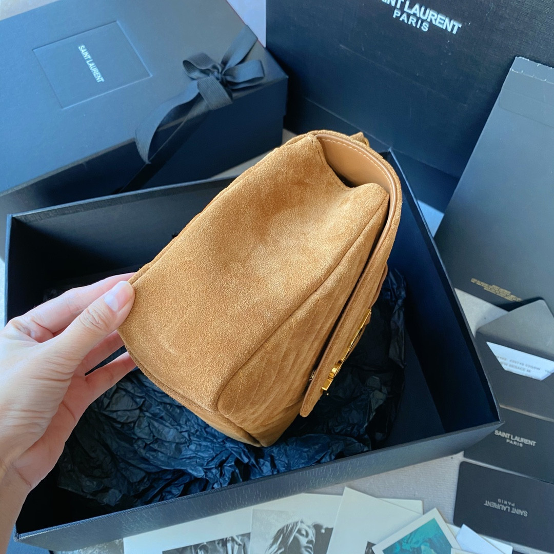 Y51 COLLEGE MEDIUM IN QUILTED SUEDE BROWN 9.4 X 6.6 X 2.5 INCHES