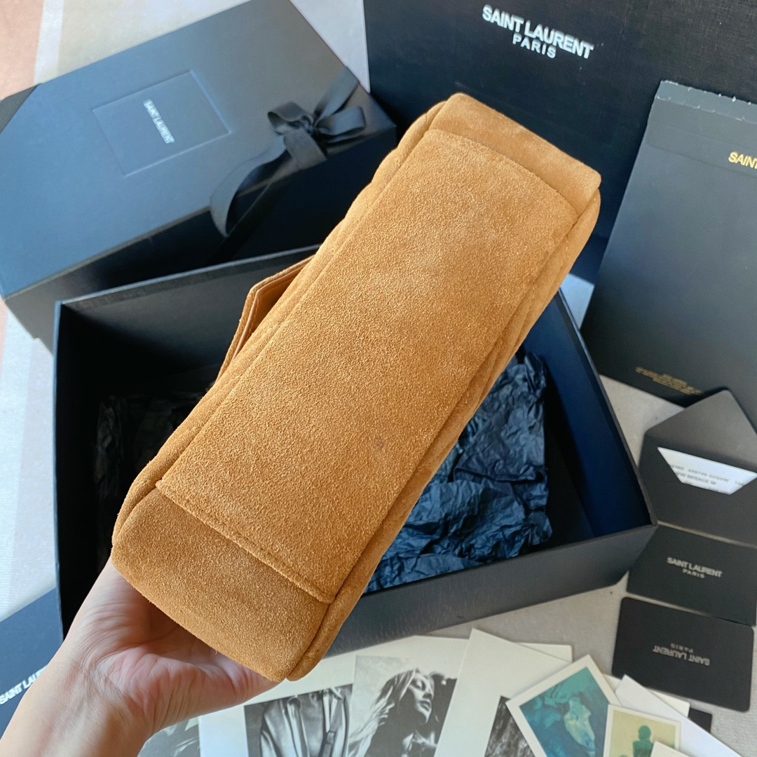 Y51 COLLEGE MEDIUM IN QUILTED SUEDE BROWN 9.4 X 6.6 X 2.5 INCHES