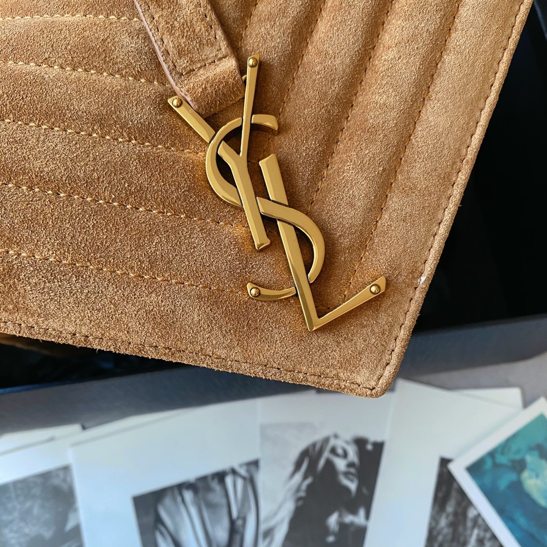 Y51 COLLEGE MEDIUM IN QUILTED SUEDE BROWN 9.4 X 6.6 X 2.5 INCHES