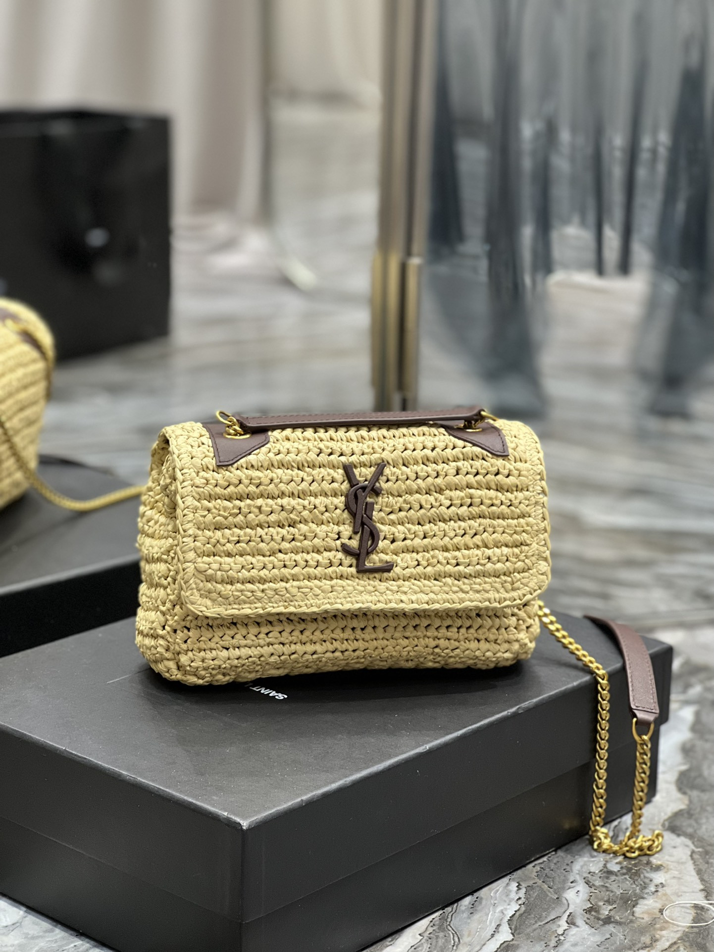 Y51 NIKI CHAIN BAG IN RAFFIA AND LEATHER BEIGE 22×16.5×12 CM
