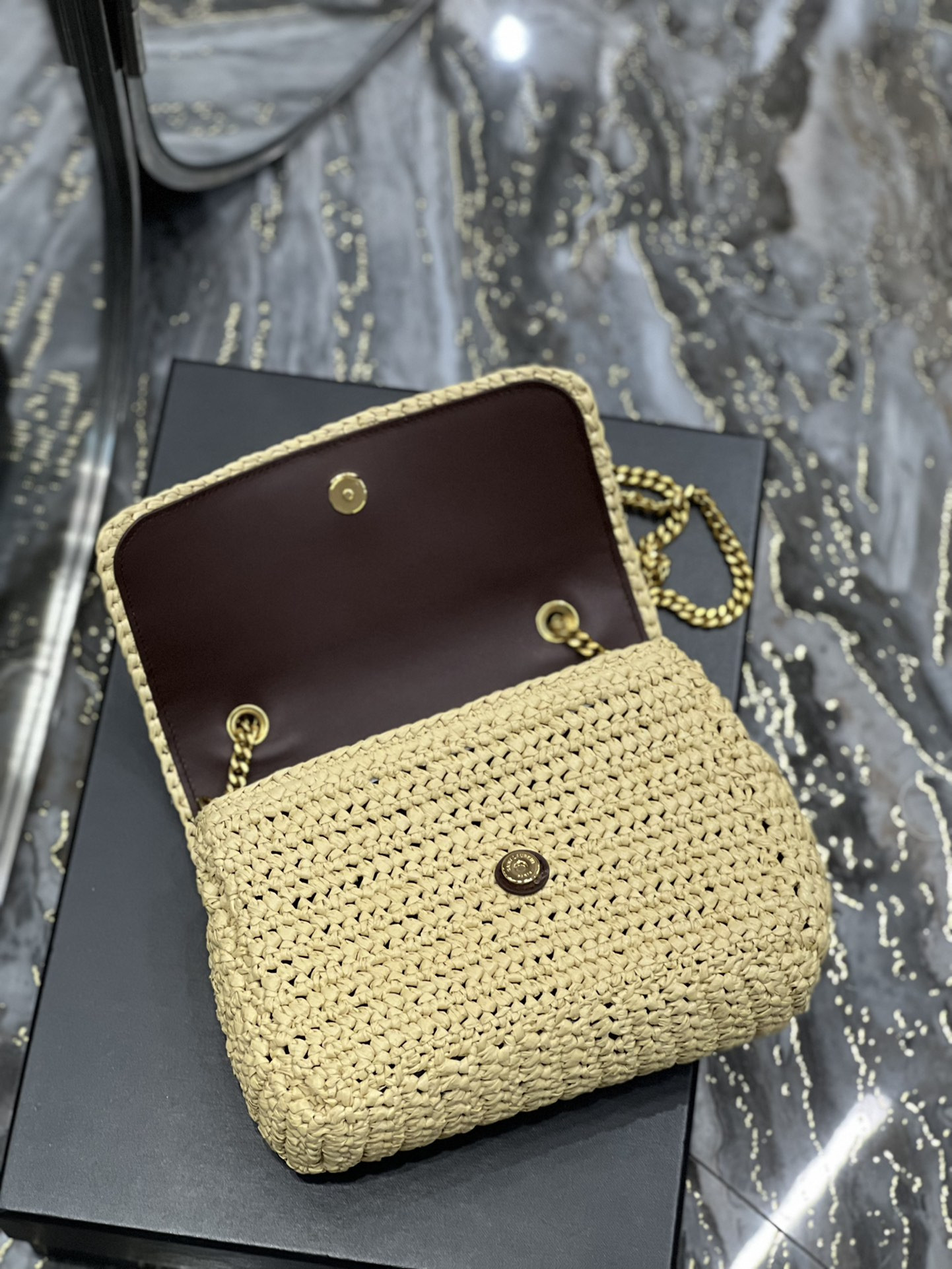 Y51 NIKI CHAIN BAG IN RAFFIA AND LEATHER BEIGE 22×16.5×12 CM