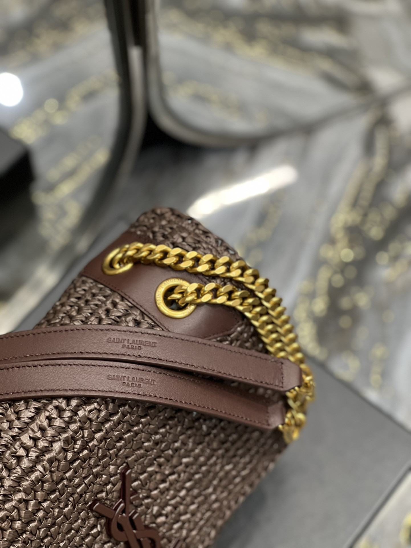 Y51 NIKI MEDIUM CHAIN BAG IN RAFFIA AND LEATHER COFFEE 11 X 7.8 X 3.3 INCHES