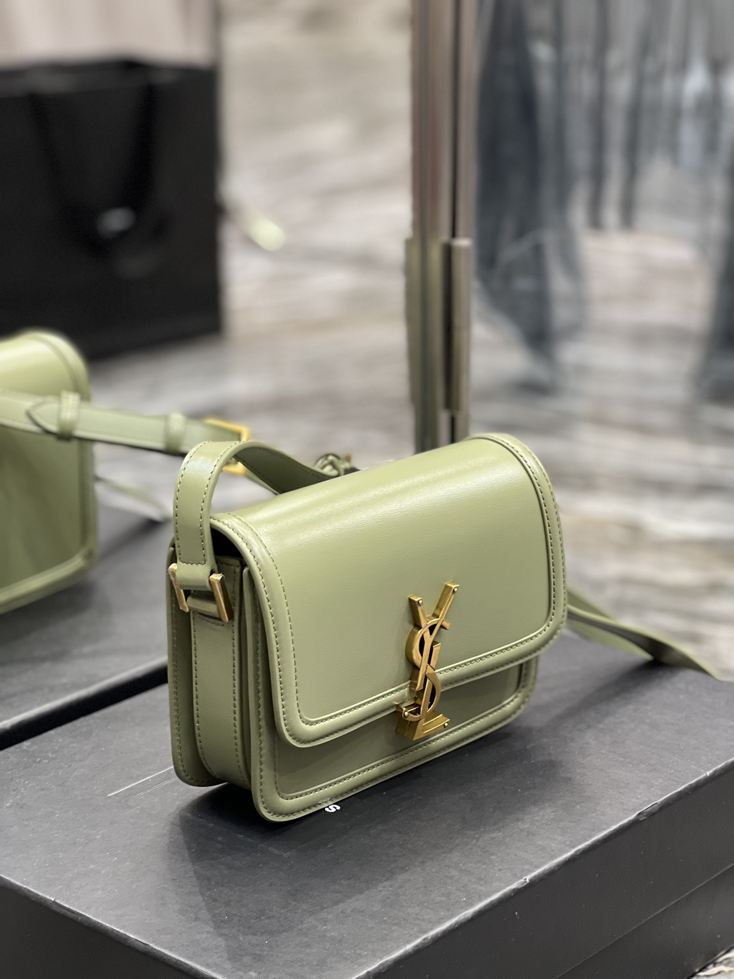 Y51 SOLFERINO SMALL SATCHEL IN BOX SAINT LIGHT GREEN 7.4 X 5.1 X 1.9 INCHES