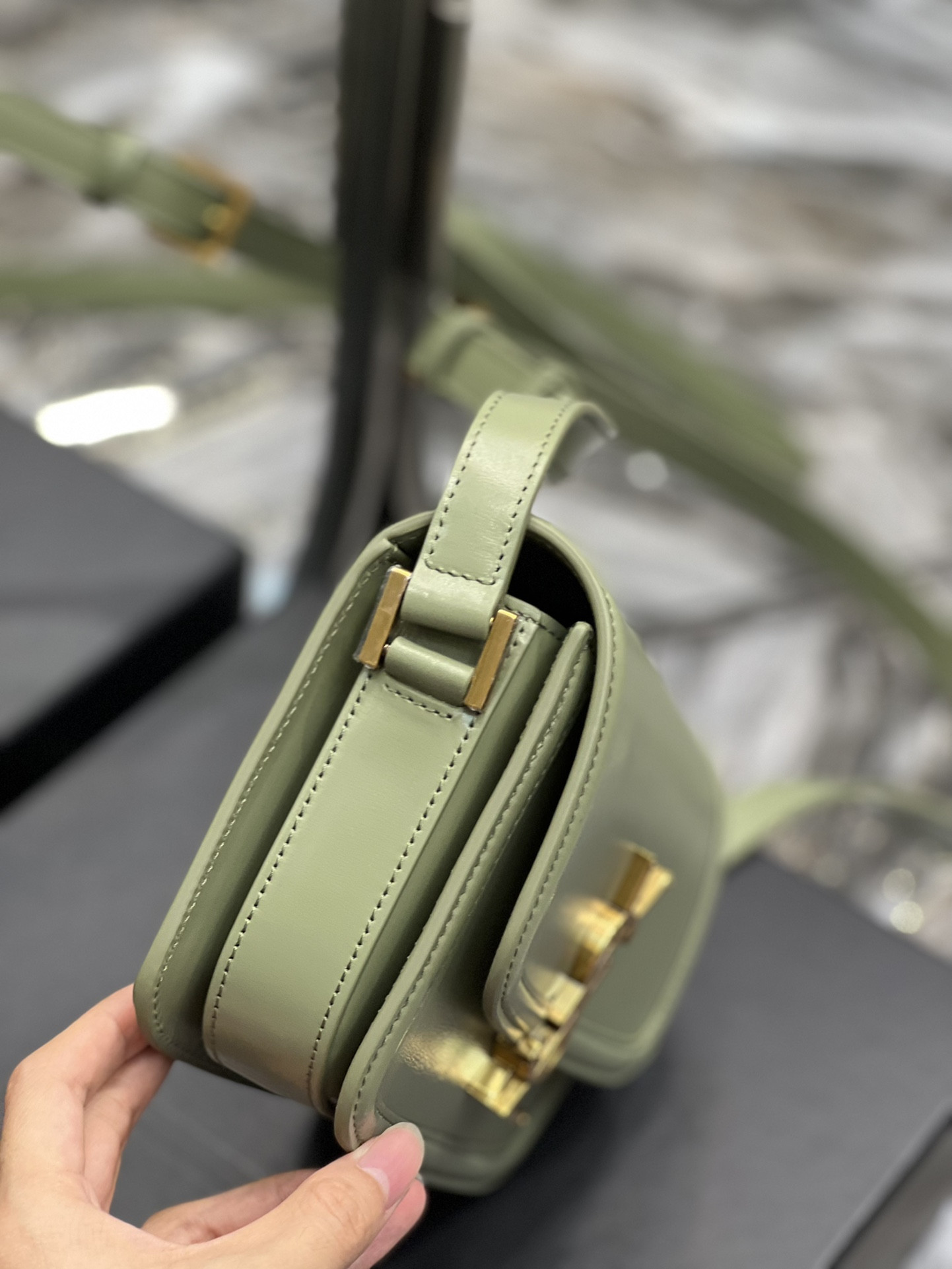 Y51 SOLFERINO SMALL SATCHEL IN BOX SAINT LIGHT GREEN 7.4 X 5.1 X 1.9 INCHES