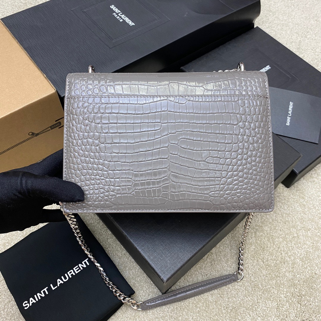 Y51 SUNSET MEDIUM IN CROCODILE-EMBOSSED LEATHER GRAY 8 X 6.2 X 2.5 INCHES