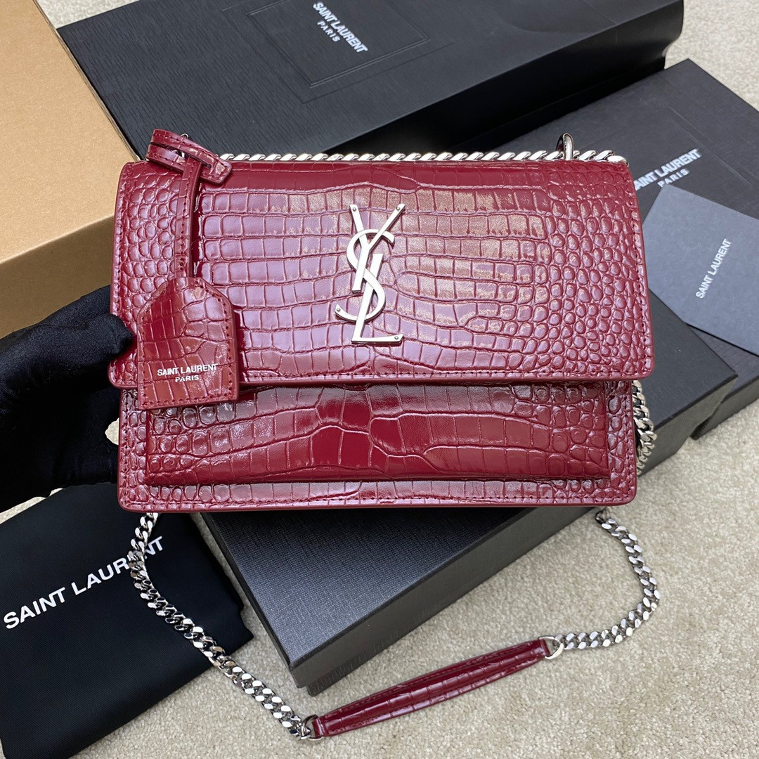 Y51 SUNSET MEDIUM IN CROCODILE-EMBOSSED LEATHER RED VELVET 8 X 6.2 X 2.5 INCHES