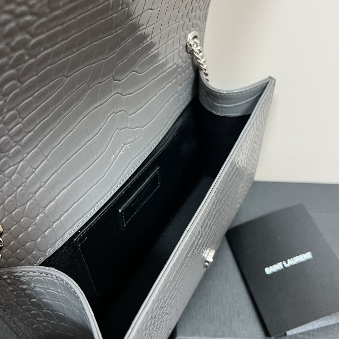 Y51 KATE MEDIUM TASSEL IN CROCODILE-EMBOSSED LEATHER GRAY 9.4 X 5.7 X 2.1 INCHES