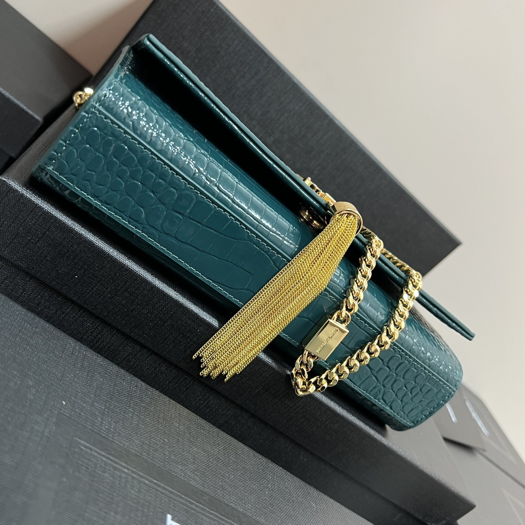 Y51 KATE MEDIUM TASSEL IN CROCODILE-EMBOSSED LEATHER BLUE 9.4 X 5.7 X 2.1 INCHES