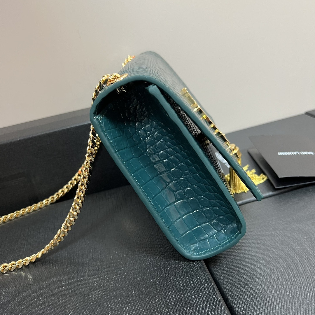 Y51 KATE MEDIUM TASSEL IN CROCODILE-EMBOSSED LEATHER BLUE 9.4 X 5.7 X 2.1 INCHES