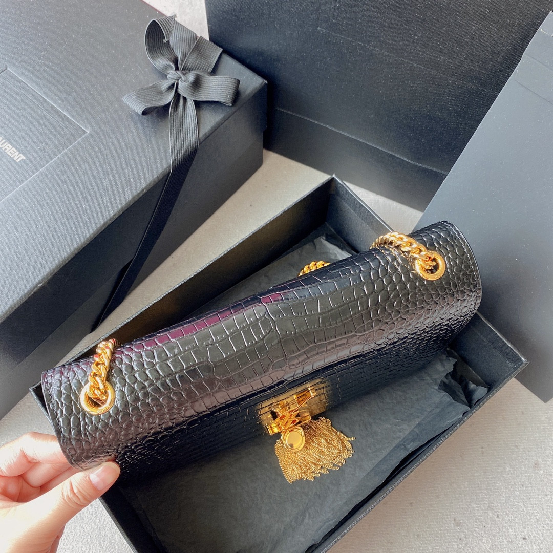 Y51 KATE MEDIUM TASSEL IN CROCODILE-EMBOSSED LEATHER BLACK 9.4 X 5.7 X 2.1 INCHES