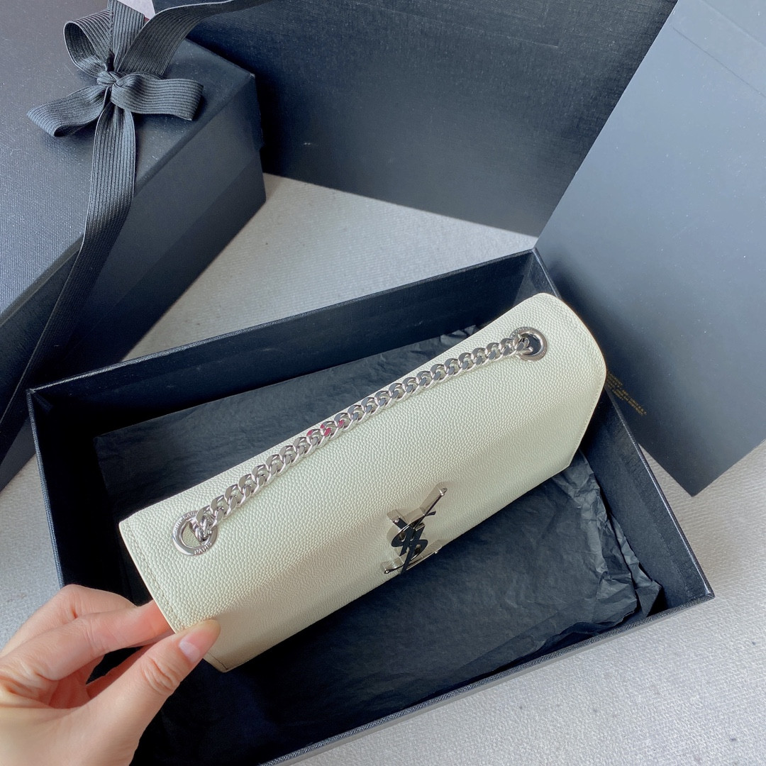 Y51 KATE SMALL IN GRAIN DE POUDRE EMBOSSED LEATHER WHITE SILVER 7.8 X 4.9 X 1.9 INCHES