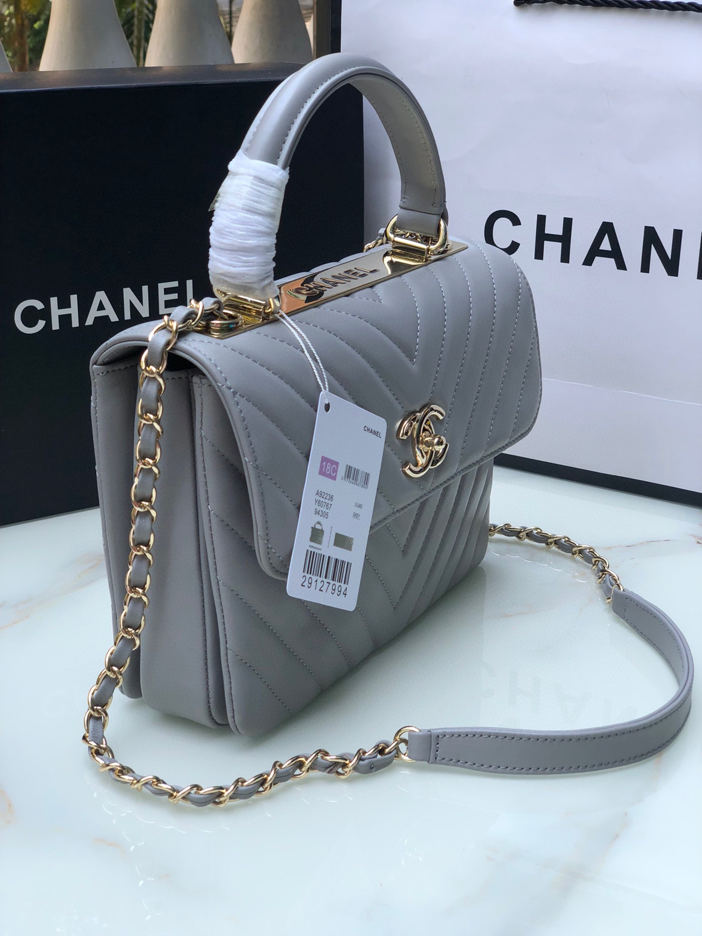 Ch**el FLAP BAG WITH TOP HANDLE GRAY 6.6 × 9.8 × 4.7 in