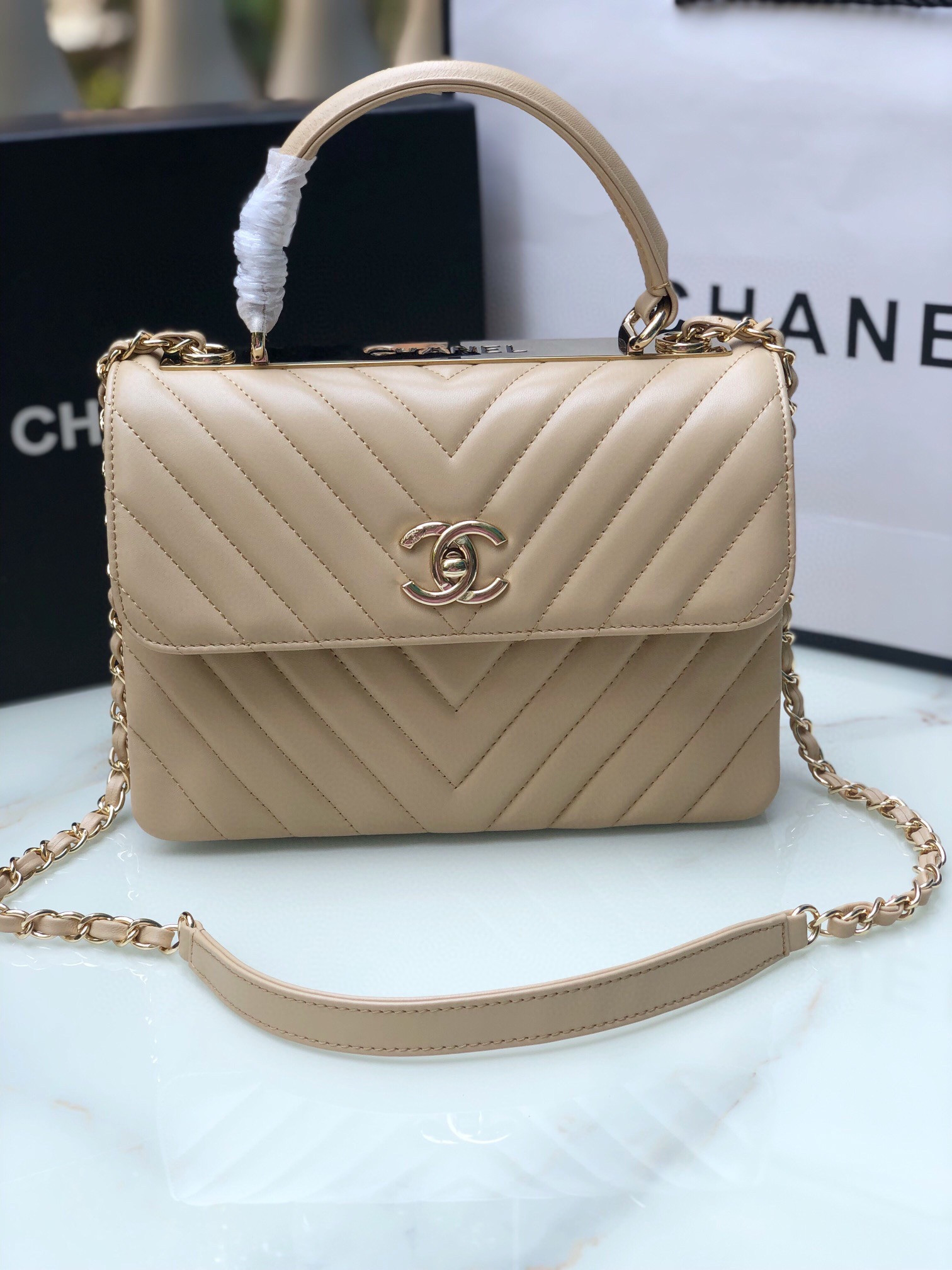 Ch**el FLAP BAG WITH TOP HANDLE BEIGE 6.6 × 9.8 × 4.7 in