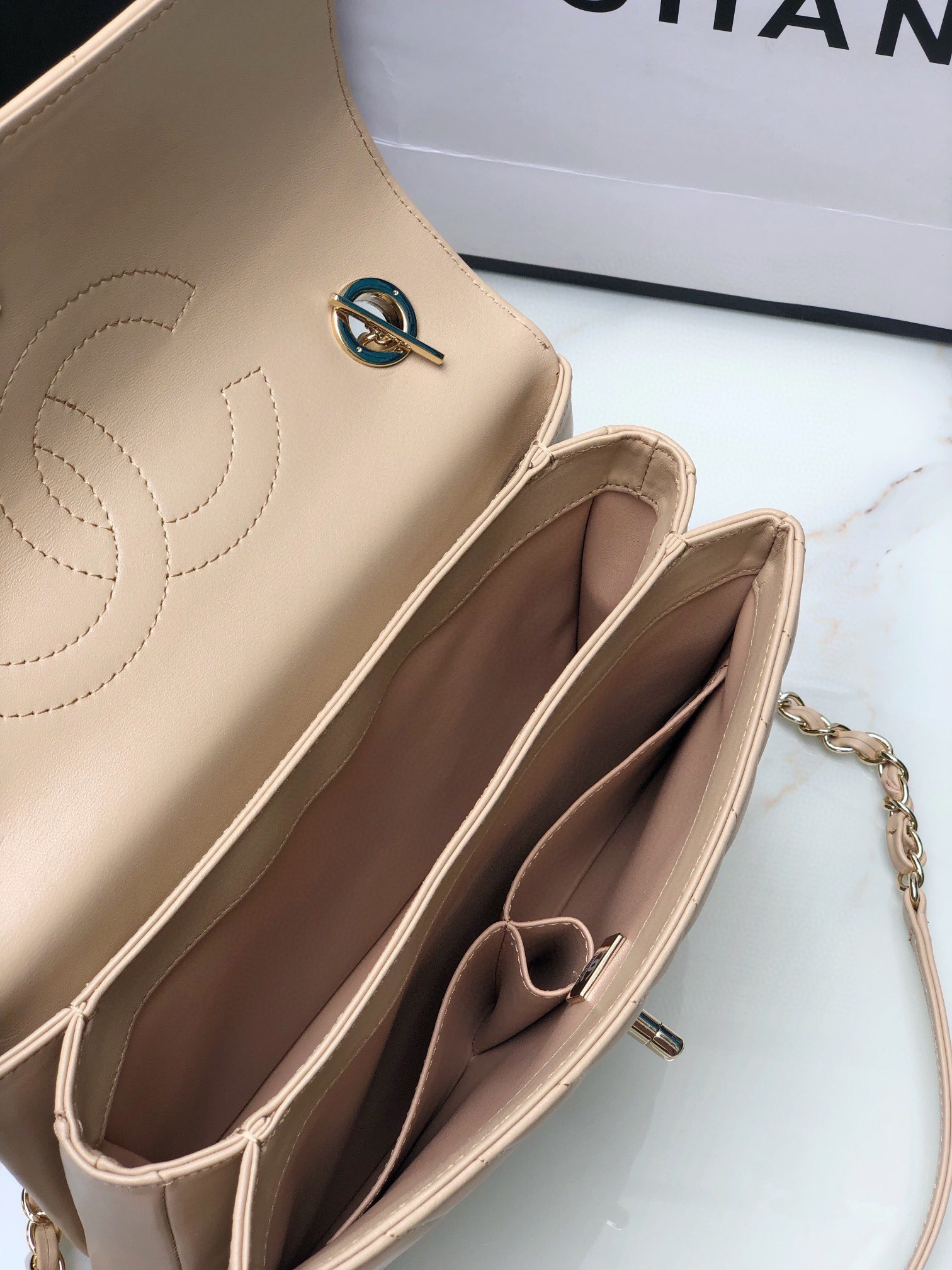 Ch**el FLAP BAG WITH TOP HANDLE BEIGE 6.6 × 9.8 × 4.7 in