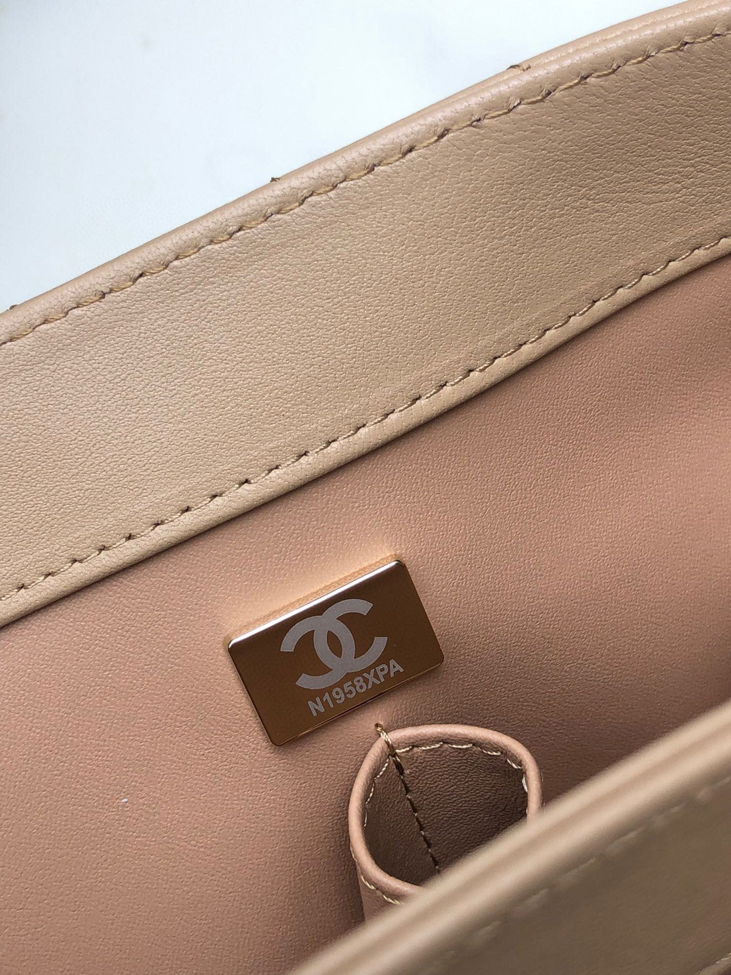 Ch**el FLAP BAG WITH TOP HANDLE BEIGE 6.6 × 9.8 × 4.7 in