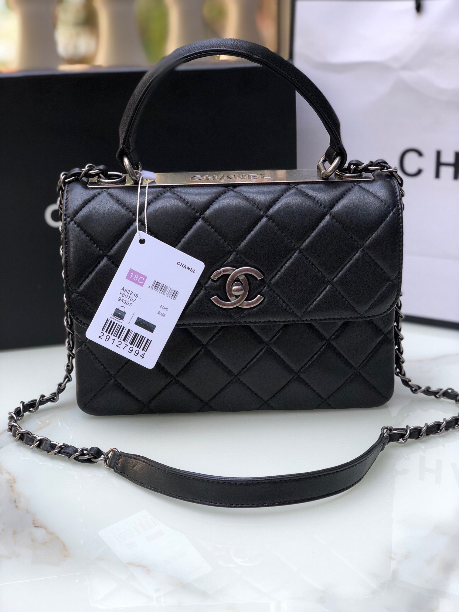 Ch**el FLAP BAG WITH TOP HANDLE 6.6 × 9.8 × 4.7 in
