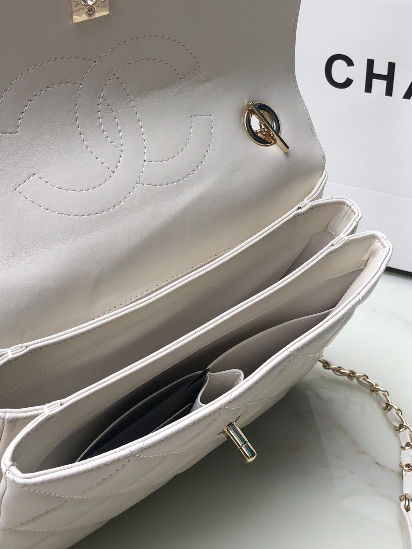 Ch**el FLAP BAG WITH TOP HANDLE 6.6 × 9.8 × 4.7 in