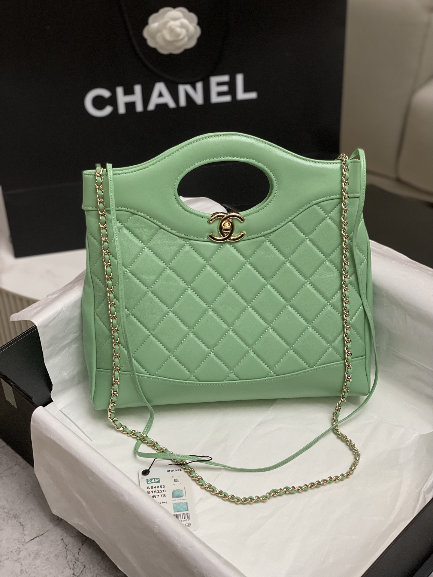 Ch**el SHOPPING BAG Shiny Lambskin & Gold-Tone Metal Light green 11.7 × 11.3 × 3.5 in