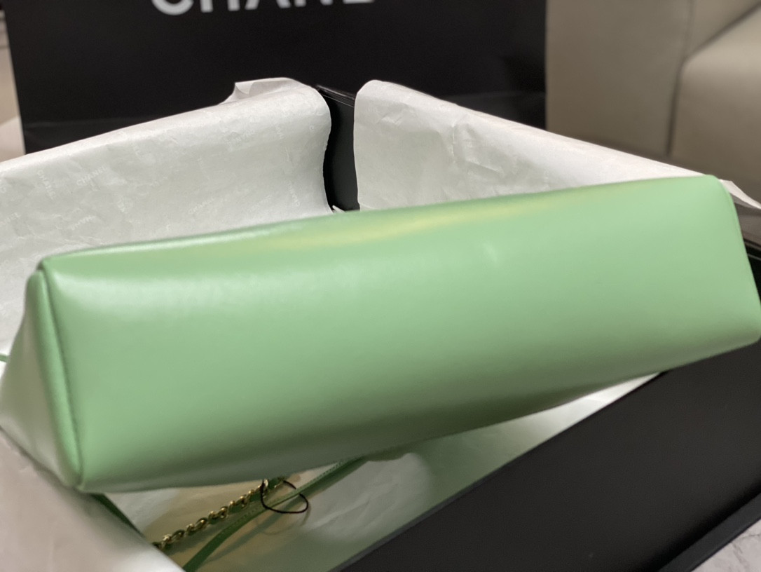 Ch**el SHOPPING BAG Shiny Lambskin & Gold-Tone Metal Light green 11.7 × 11.3 × 3.5 in