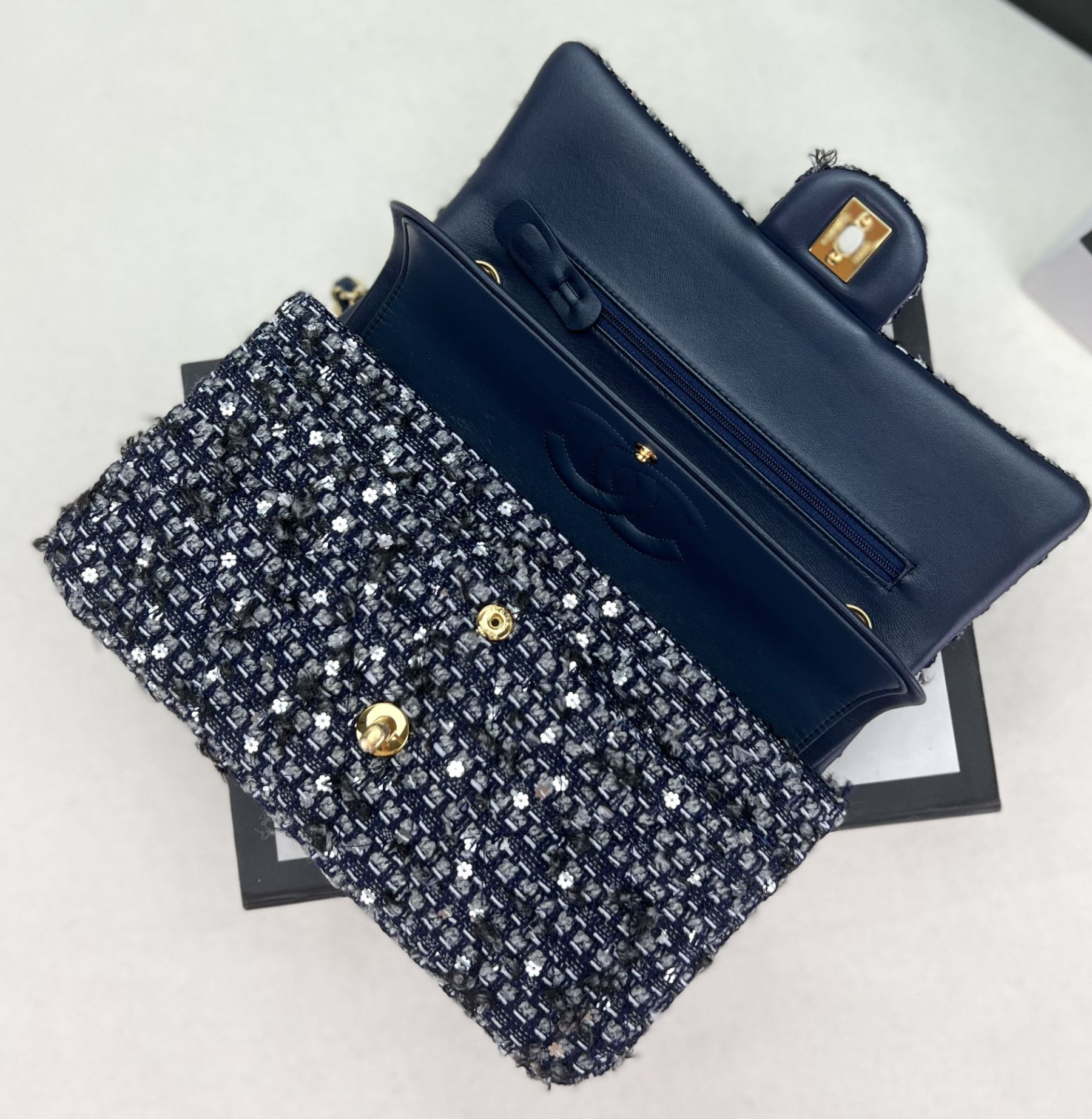 Ch**el classic 11.12 handbag tweed & gold-tone metal 6 × 9.9 × 2.5 in