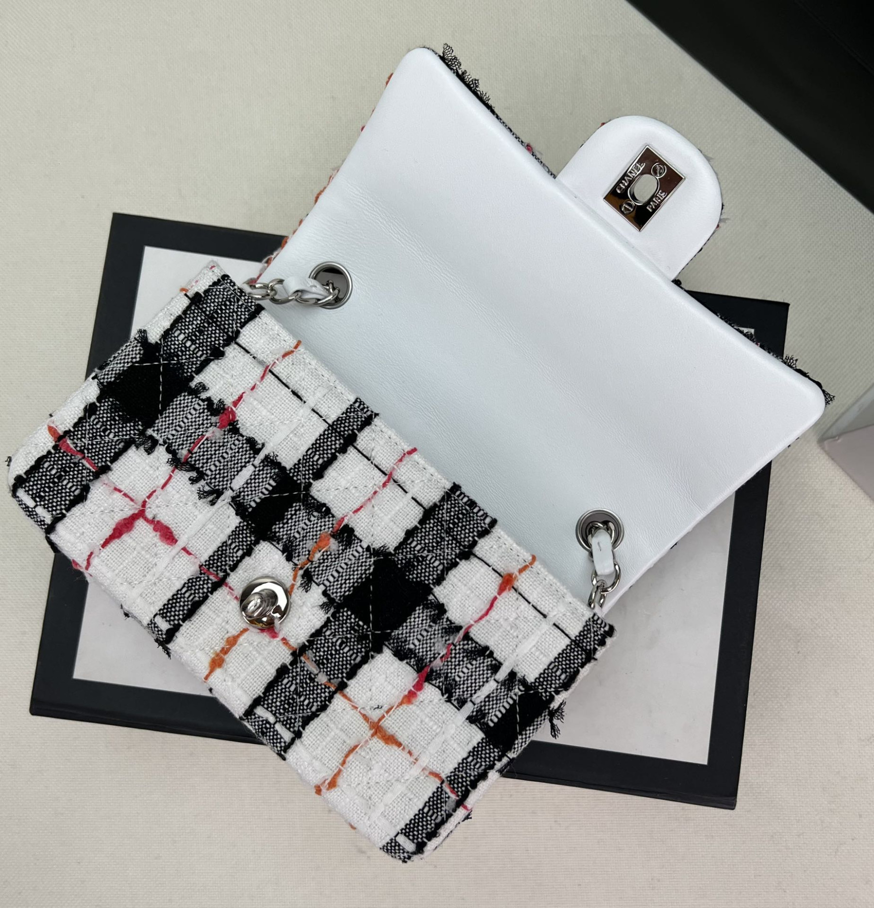 Ch**el MINI CLASSIC 11.12 HANDBAG Tweed & Silver-Tone Metal  4.7 × 7.8 × 2.3 in