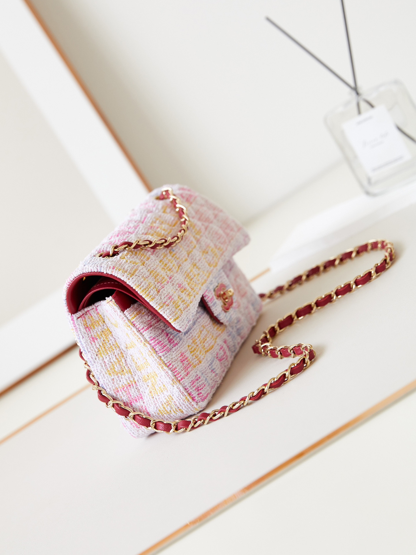 Ch**el Quilted Pink Multicolor Tweed Rectangular Flap Bag 14.5 × 23 × 6 cm