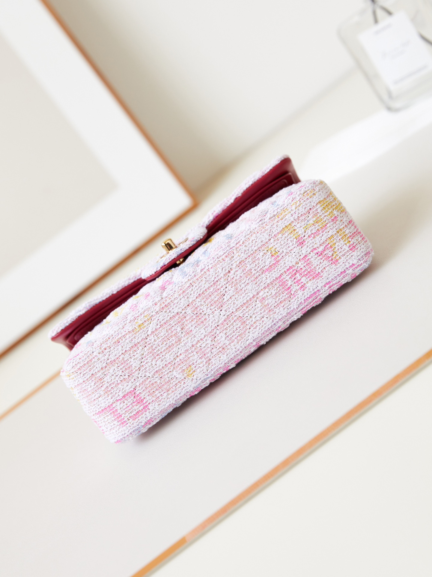 Ch**el Quilted Pink Multicolor Tweed Rectangular Flap Bag 14.5 × 23 × 6 cm