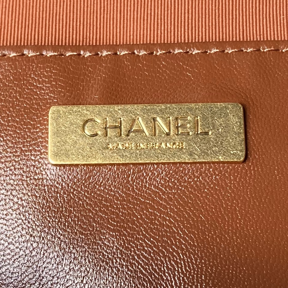 Ch**el MINI BAG WITH TOP HANDLE  Shiny Lambskin & Gold-Tone Metal Brown 12 × 18 × 7 cm